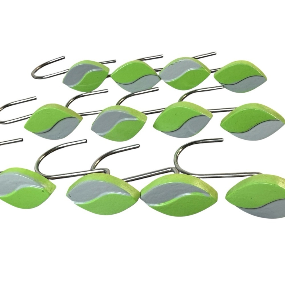 Vintage SET of 12 Shower Curtain Hooks Resin Leaf Wood Look MCM Retro Green Grey